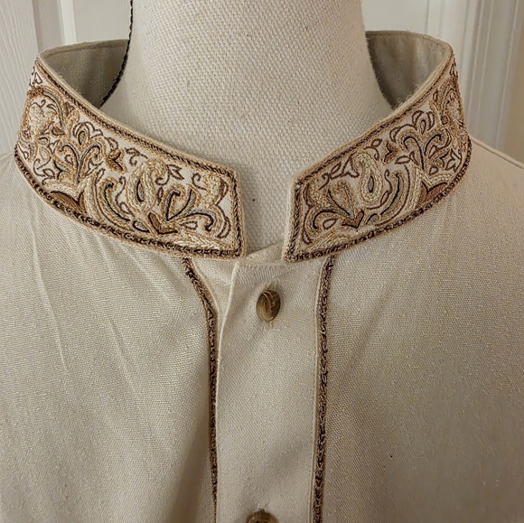 Designer Mens 100% Cotton Kurta Shalwar Pants 2PC Cream XL Pakistani Indian - Picture 2 of 7